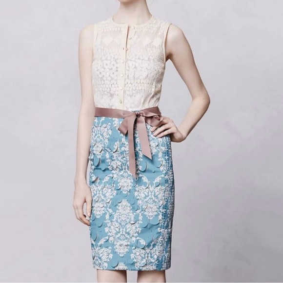 Byron Lars Dresses & Skirts - Byron Lars Cream Lace Top Blue Floral Midi Dress with Pink Sash
